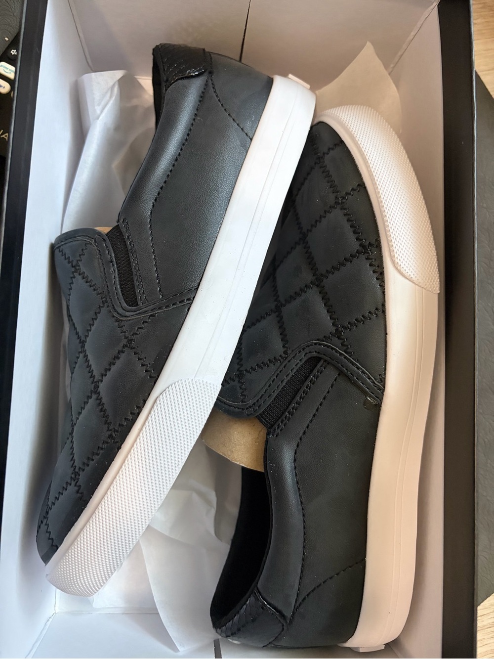 Nina Black Quilted Slip-On Flats with White Soles